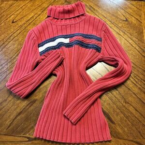 VTG 100% Cotton Tommy Hilfiger Women's size Small Red Turtleneck Sweater Y2K